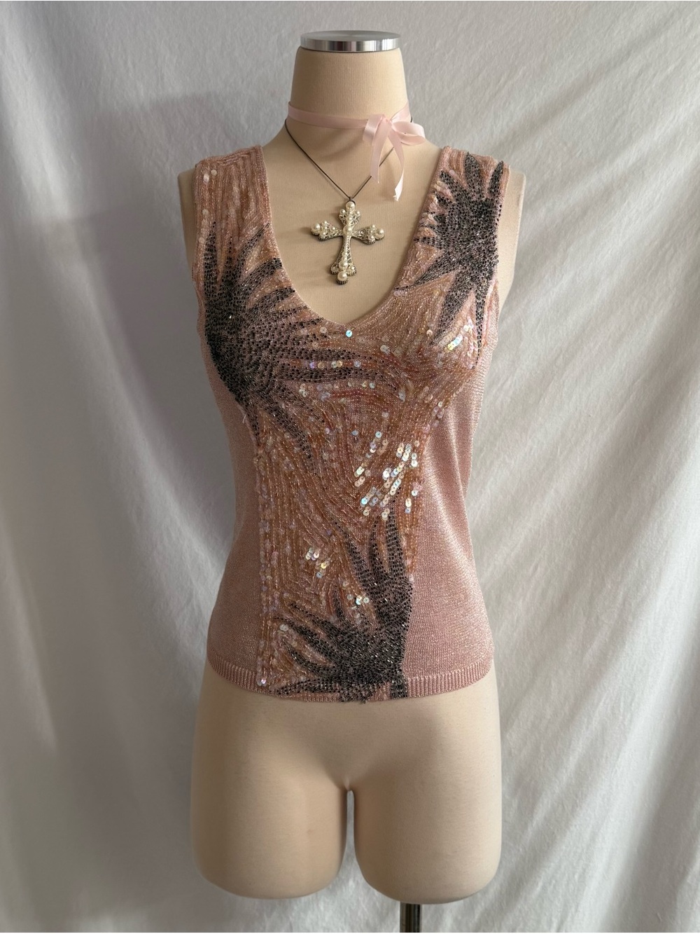 Vintage Metallic Pink Beaded Top